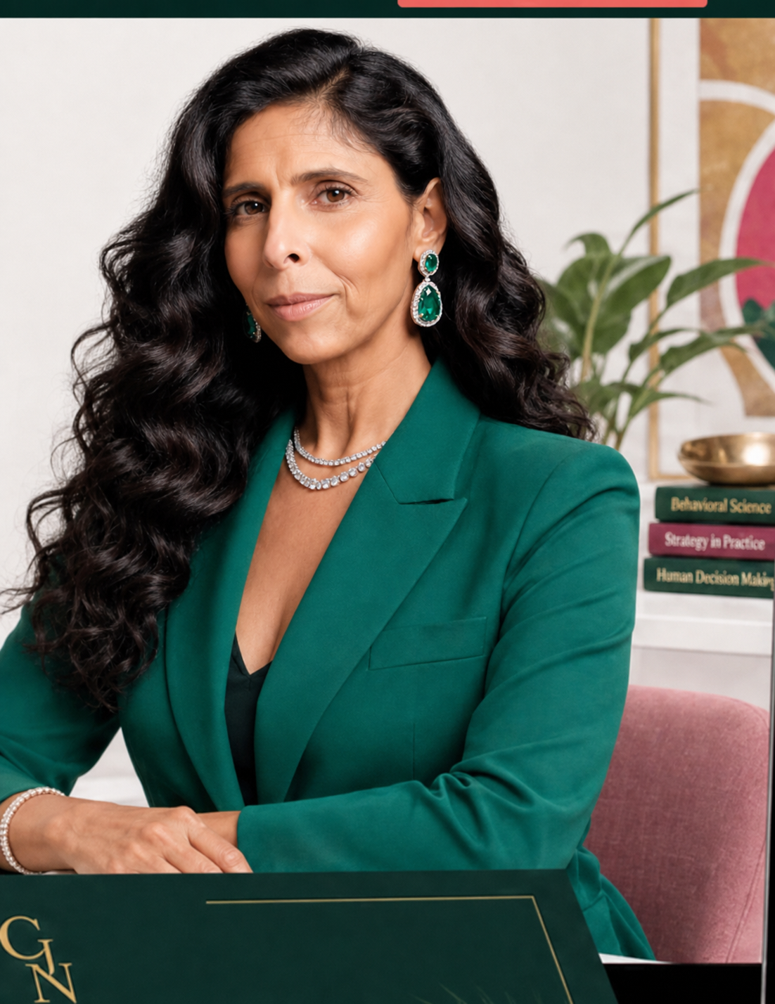 CaraJoy Nash seated in an office wearing an emerald blazer
